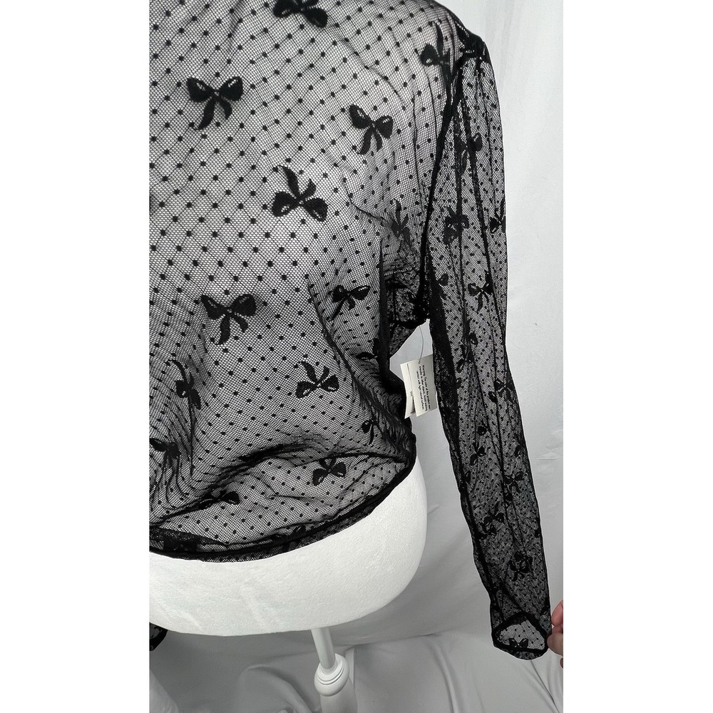 Bodyrage Black Sheer Mesh Bow Polka Dot Long Sleeve Top L/XL Goth Coquette Y2K - Picture 10 of 12